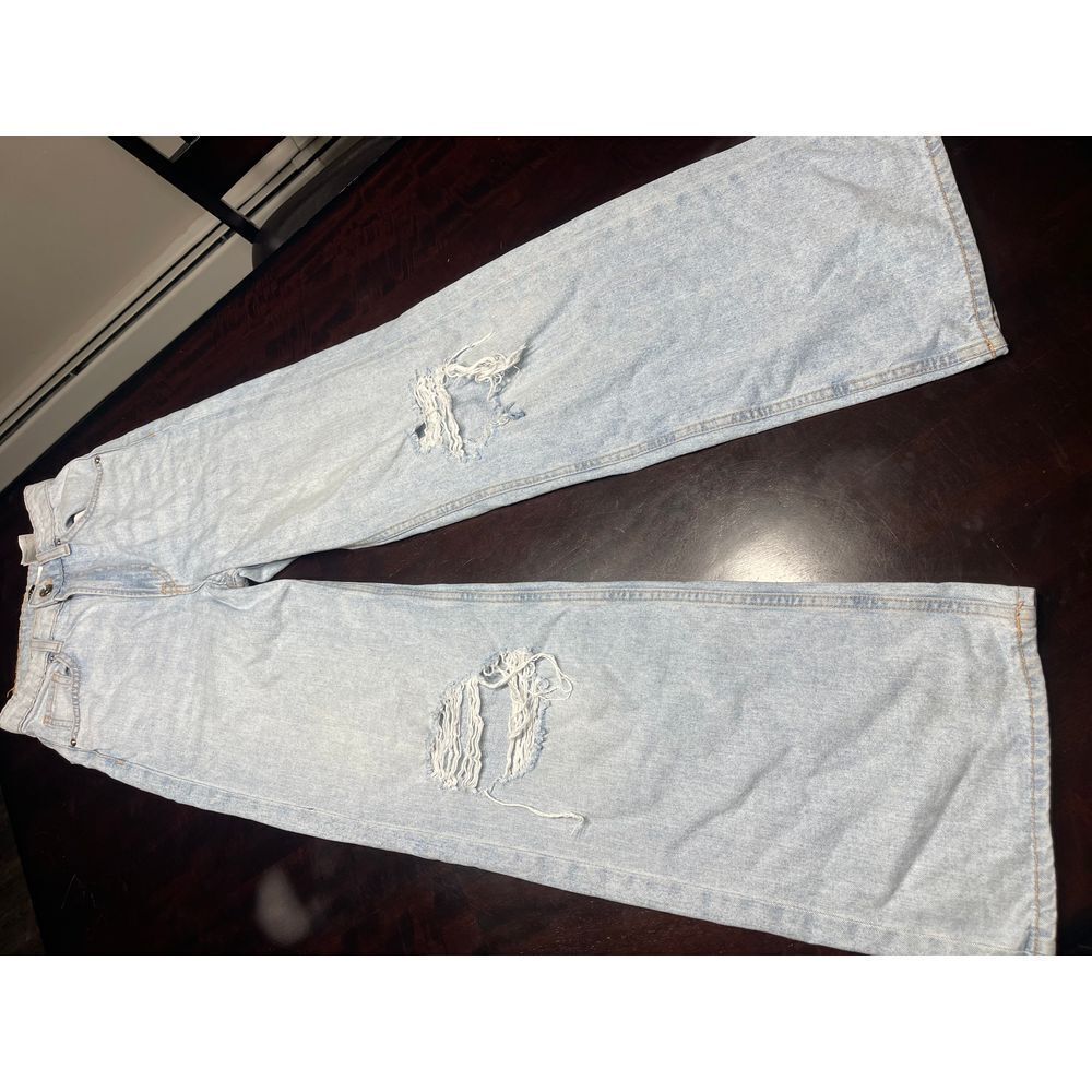 Vintage Light Wash Distressed Wide Leg Jeans Retro Y2K Denim Pants T-11
